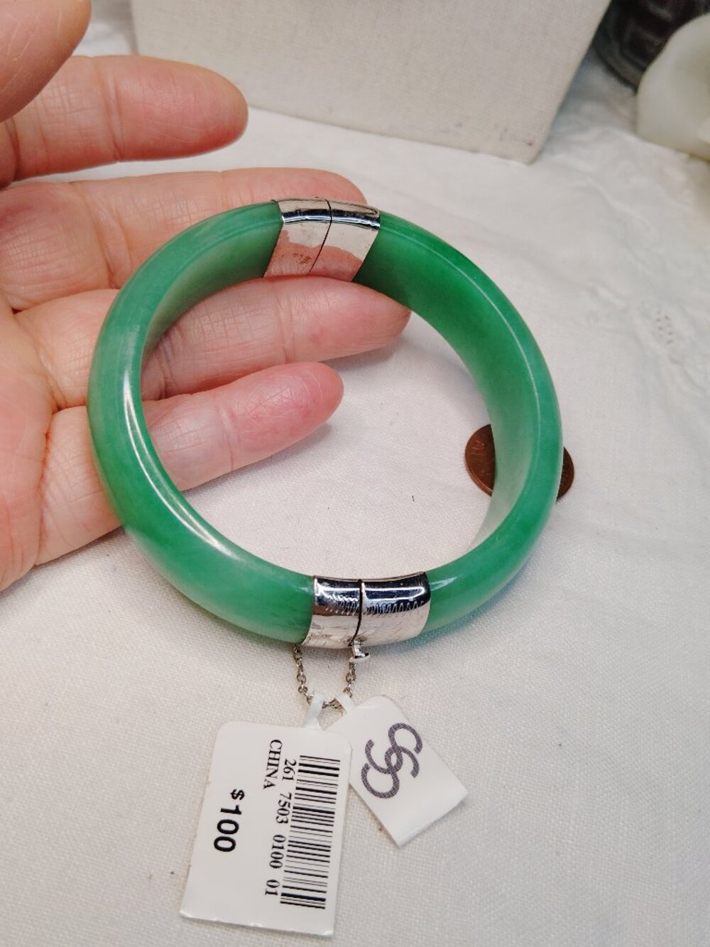 Sterling Silver Jade Hinged Bangle Bracelet – 7.25", Safety Chain, New with Tags